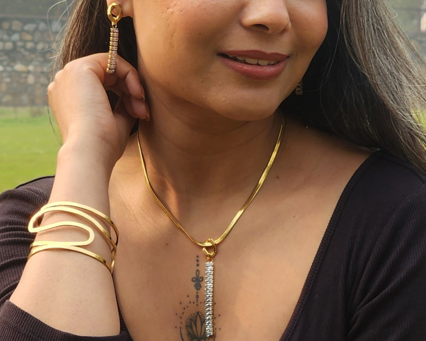 Long Dangler Necklace Set & Earrings