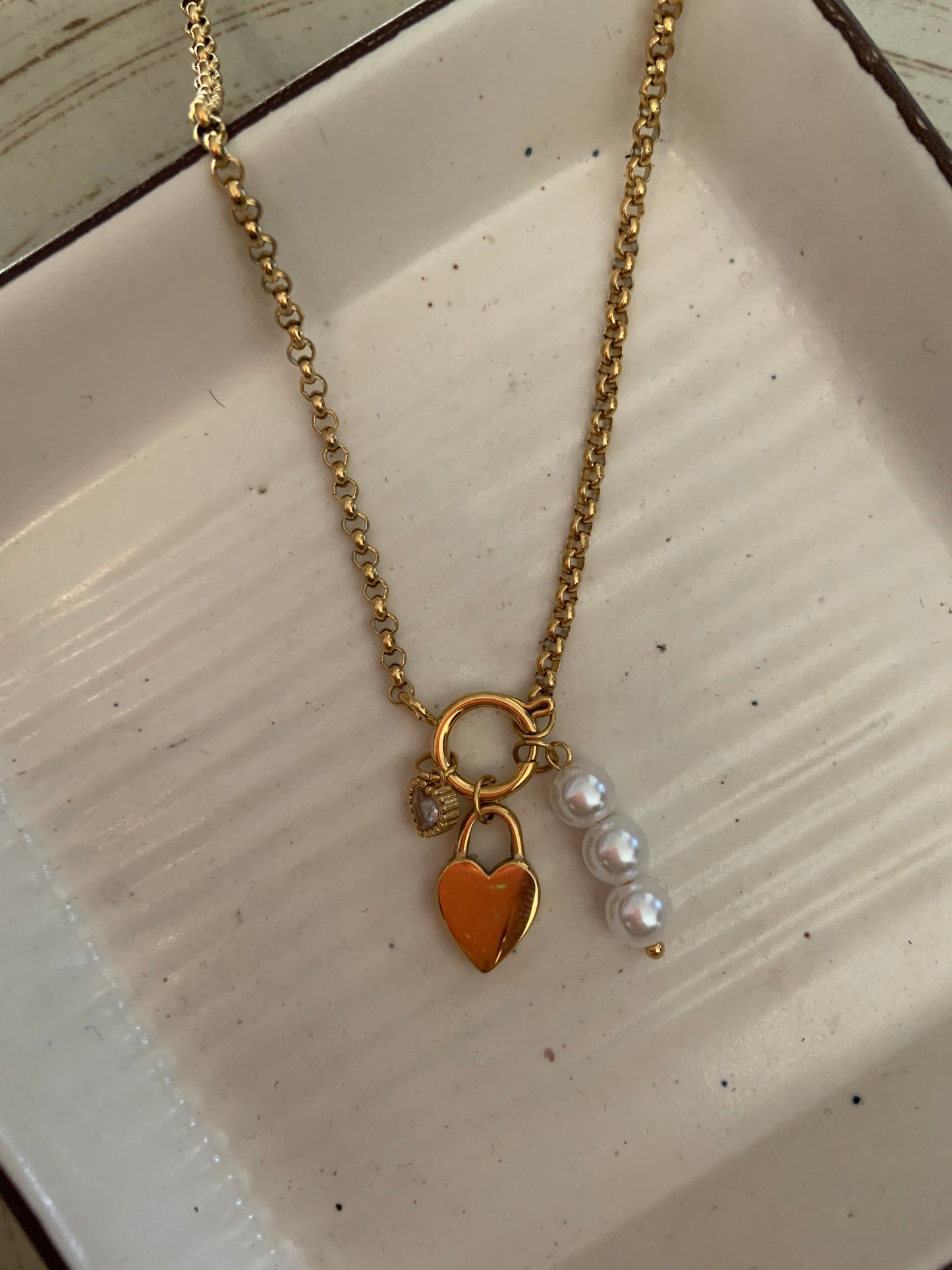 Heart lock necklace with pearls crystal charms