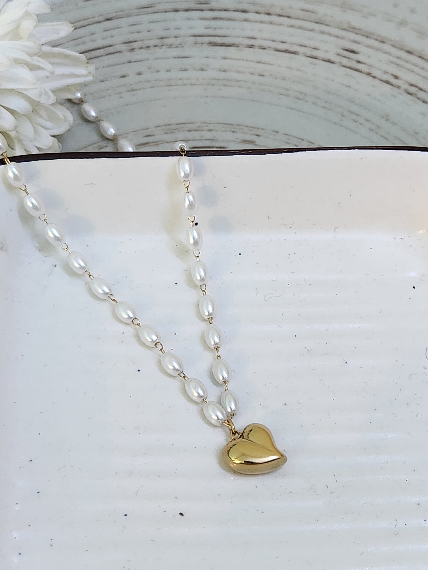 Pearl Beaded Chain Heart Necklace