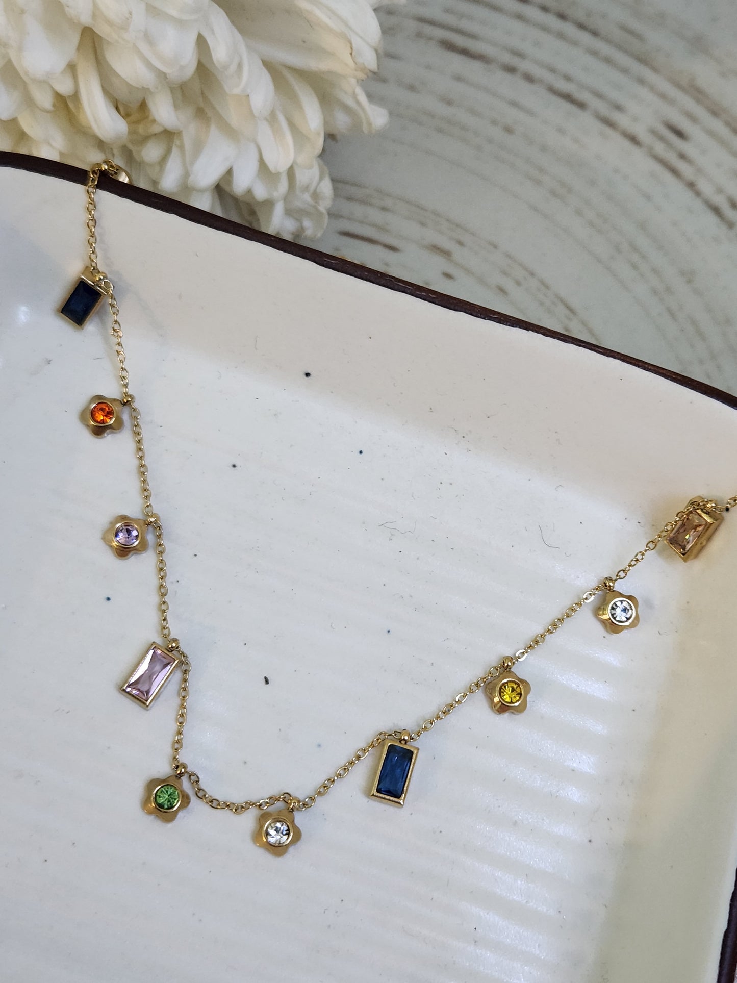Flower Rectangle Dangler Crystal Chain Necklace