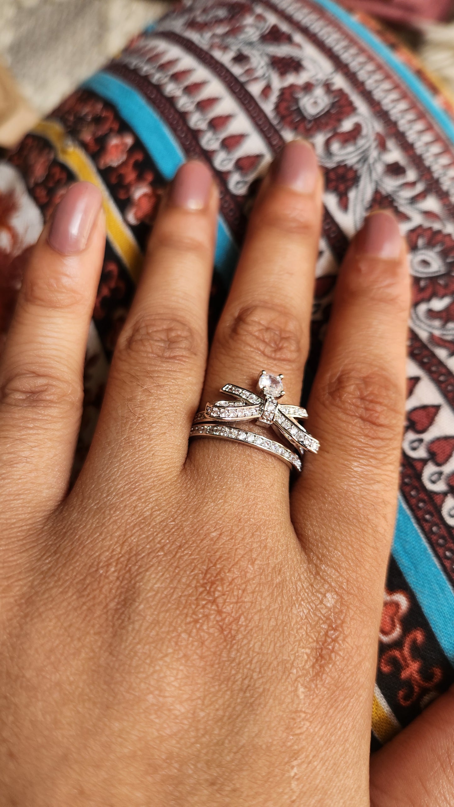 Cute Fow & Zircon Ring With Crystal Dangler