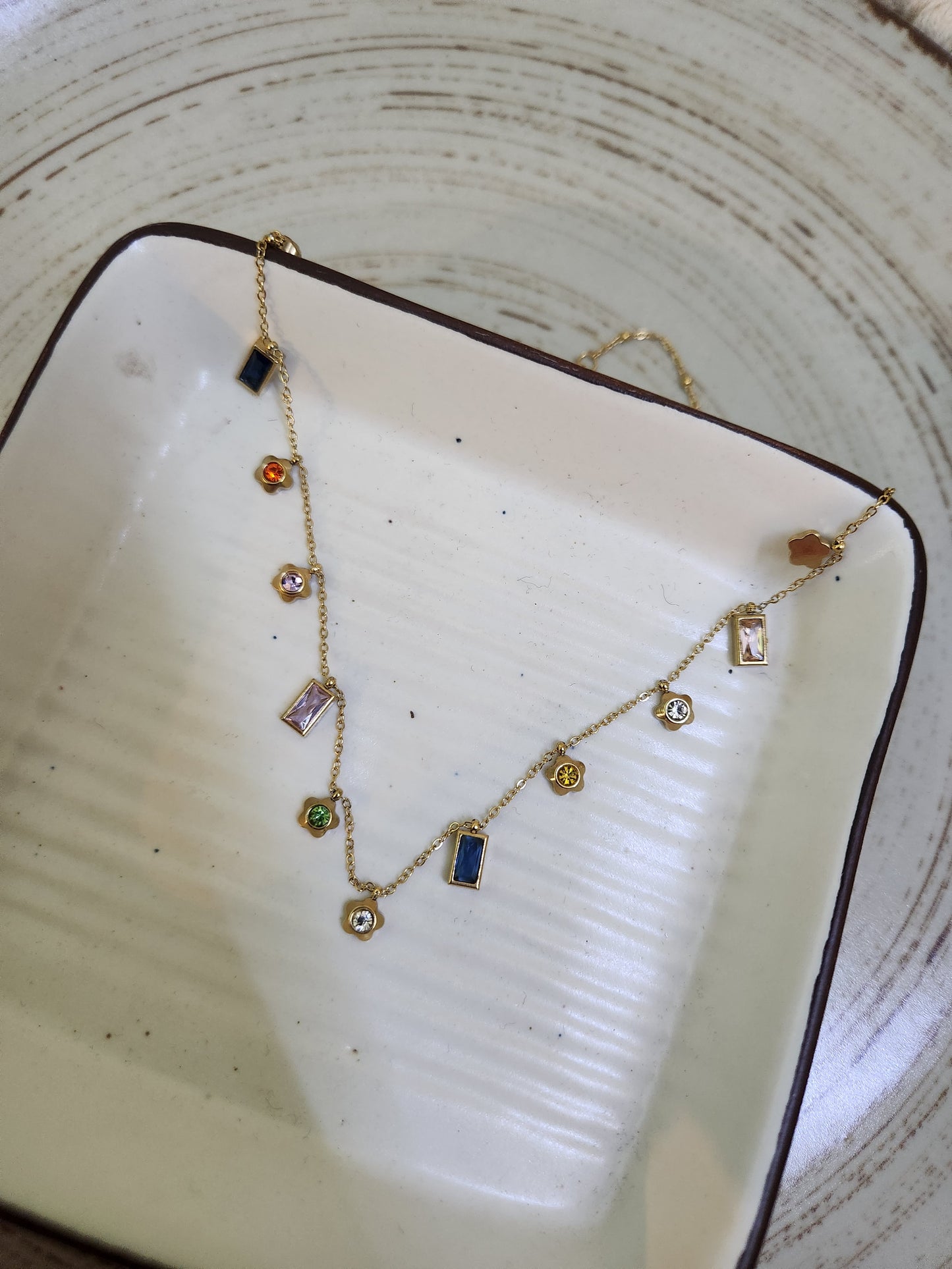 Flower Rectangle Dangler Crystal Chain Necklace