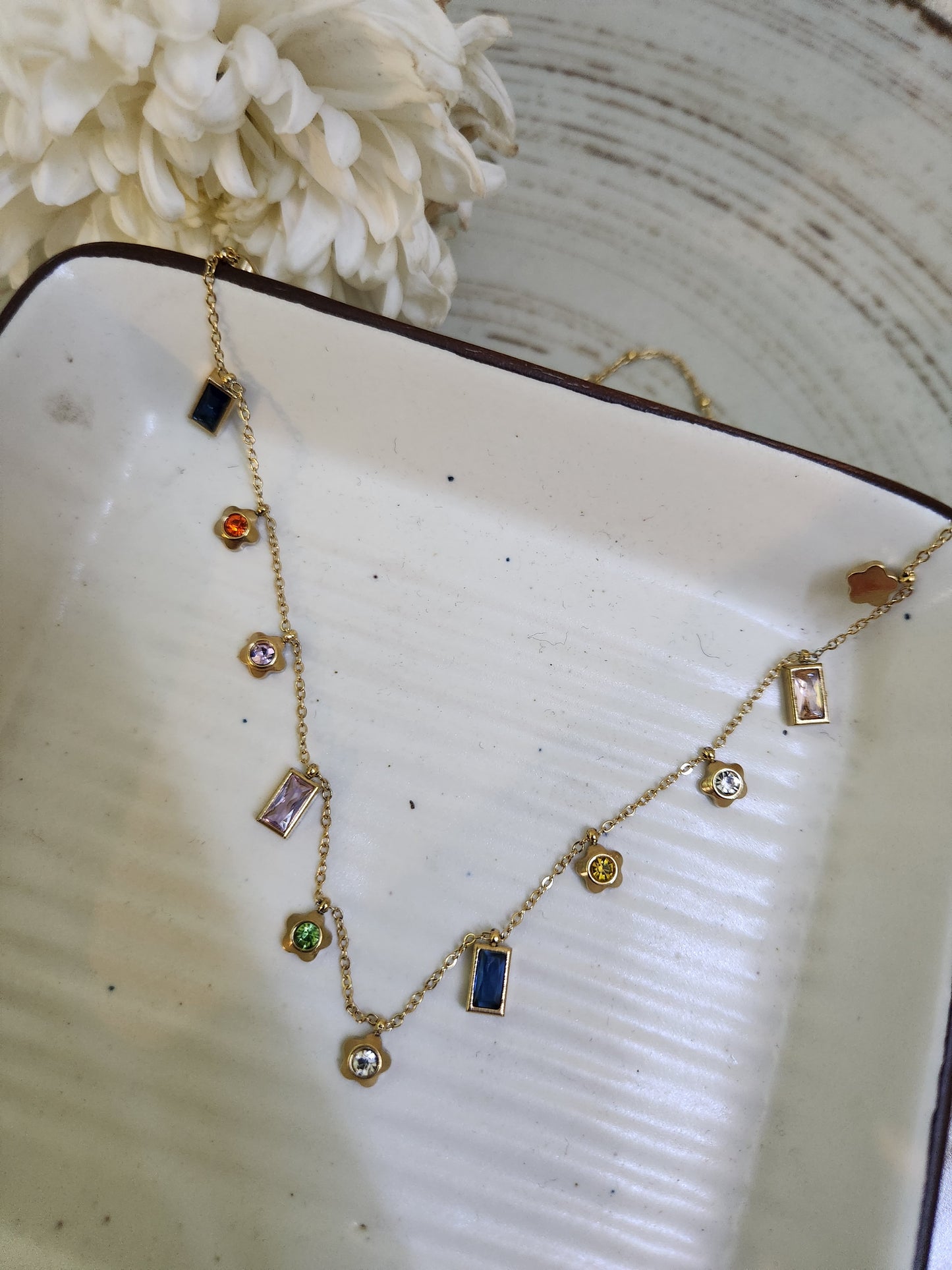 Flower Rectangle Dangler Crystal Chain Necklace