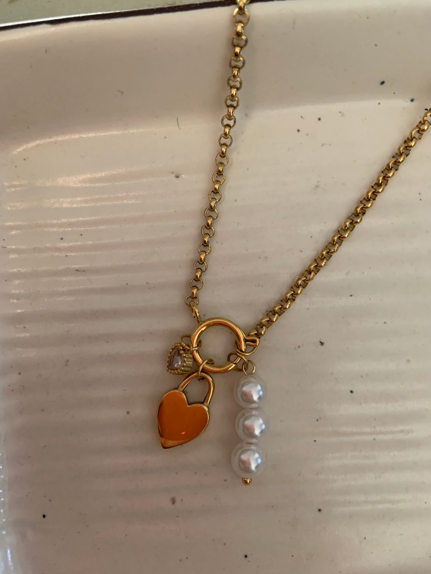 Heart lock necklace with pearls crystal charms
