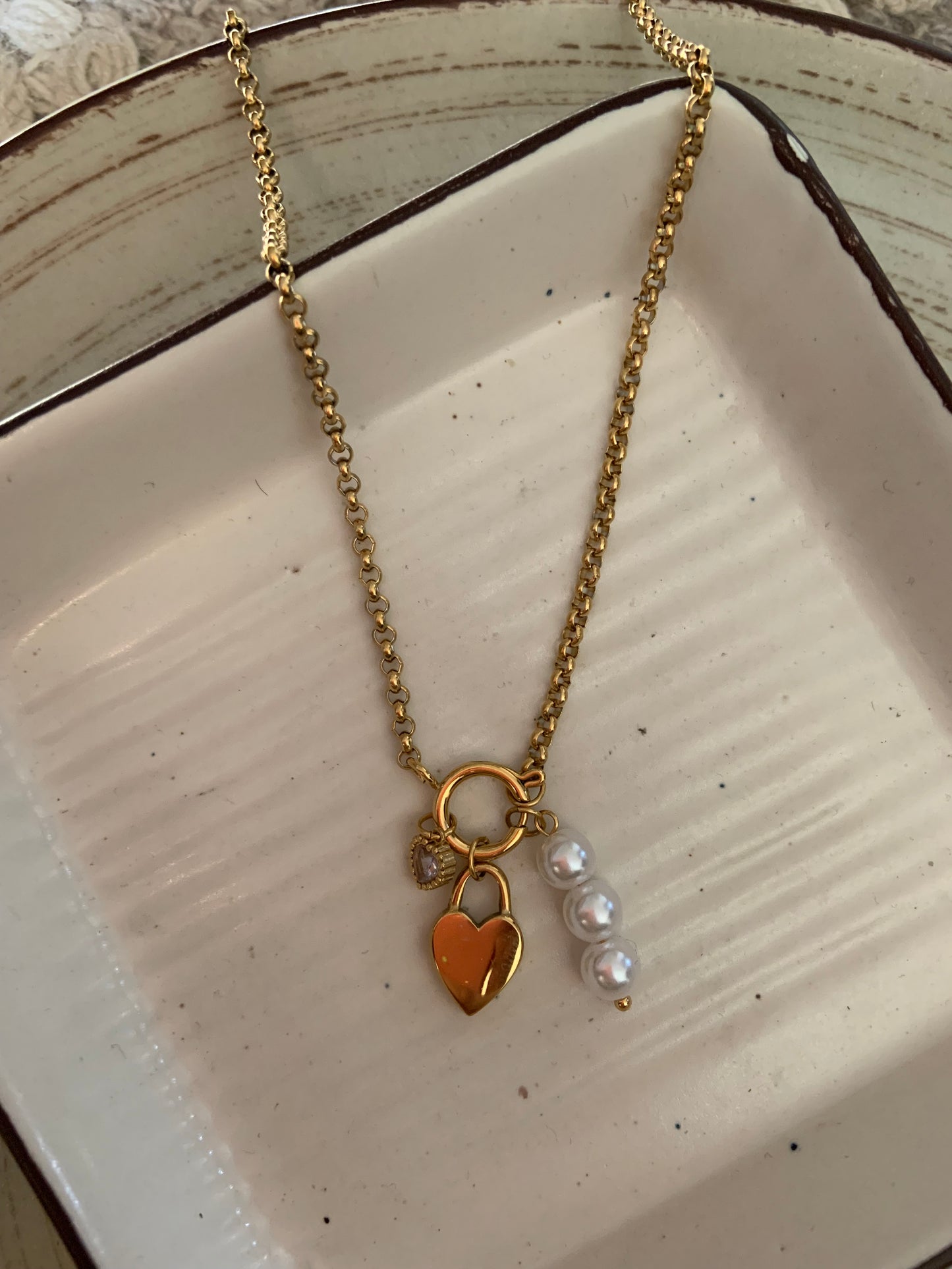 Heart lock necklace with pearls crystal charms