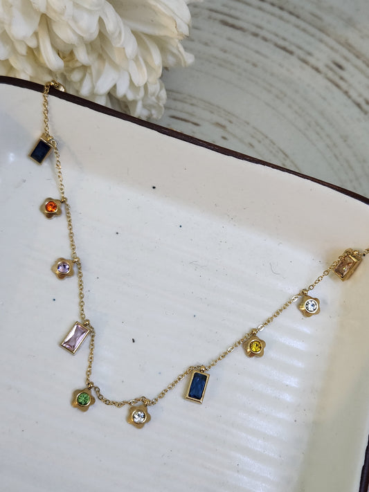 Flower Rectangle Dangler Crystal Chain Necklace