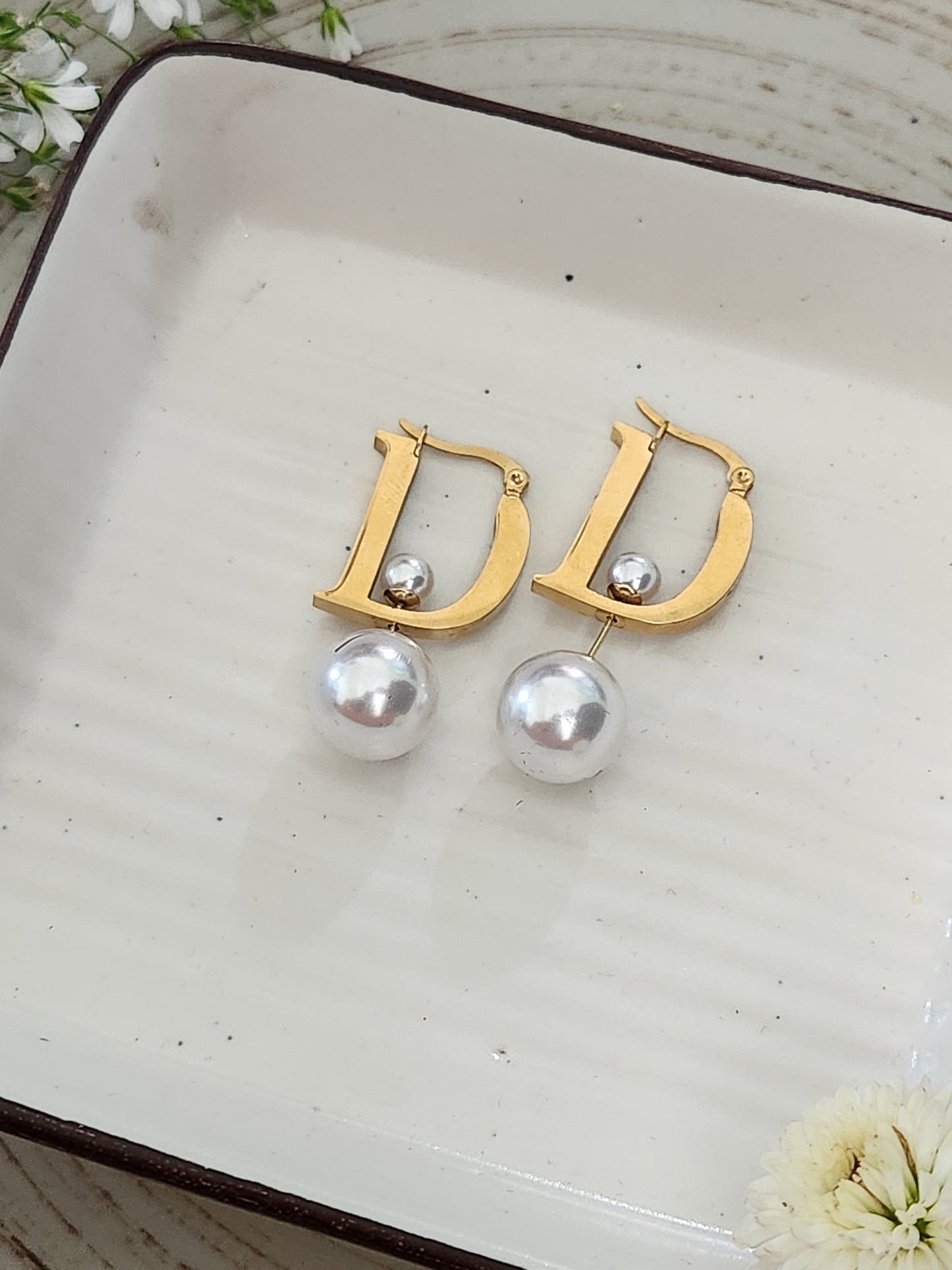 Letter D Pearl Earrings